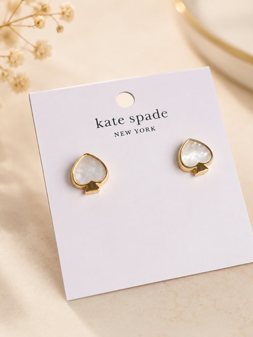 Kate Spade Gold Tone Faux Pearl Heart Stud Earrings NWT